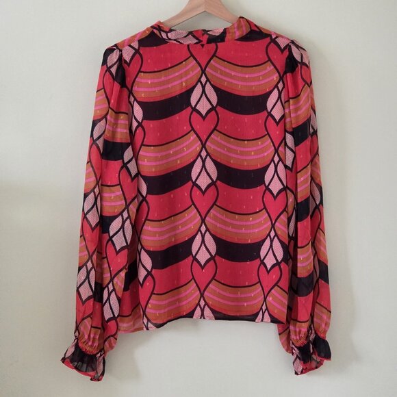 Rachel Zoe Top Womens M Multicolor Hearts Artsy Pullover Tie Neck Blouse LS Boho - Picture 16 of 16